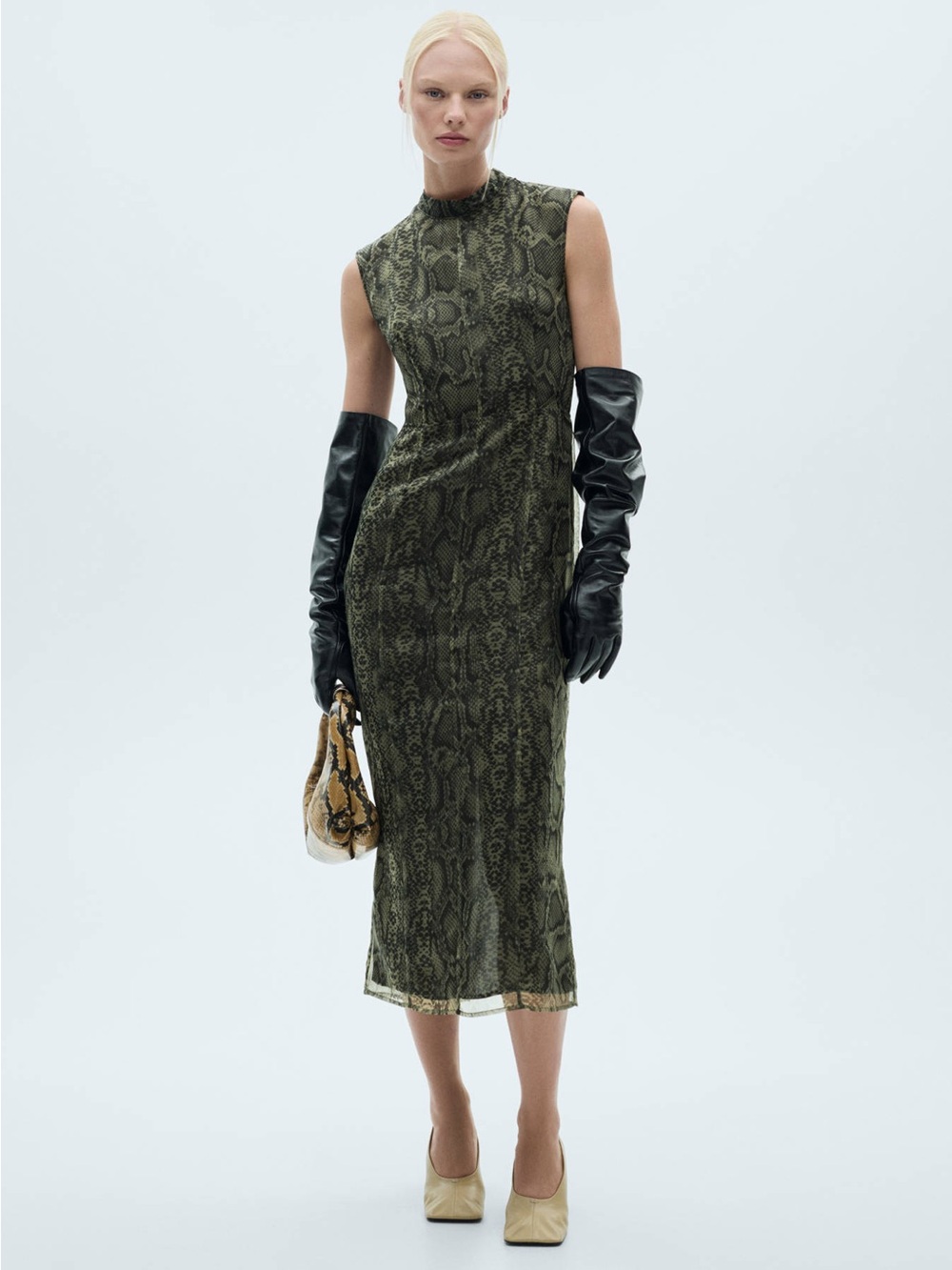Mango Open Back Organza Animal Print Midi Dress Size 8‎ Green Black NWOT